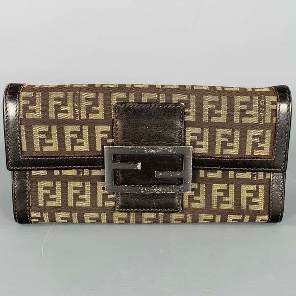FENDI 2009 Foglio Forever Brown Yellow Monogram Fabric Leather Wallet - Picture 1 of 8
